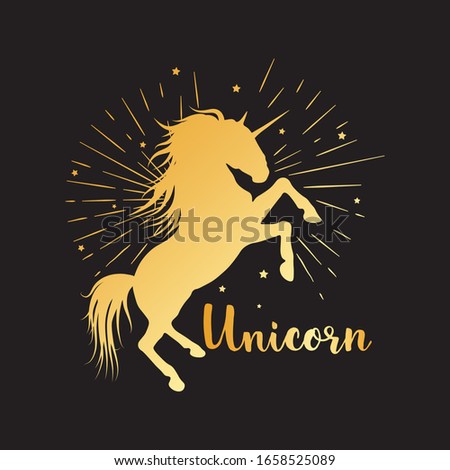 Vector silhouette of unicorn with lettering on black background. T-shirt print