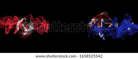 Flags of Tunisia and Australia on Black background, Tunisia vs Australia Smoke Flags
