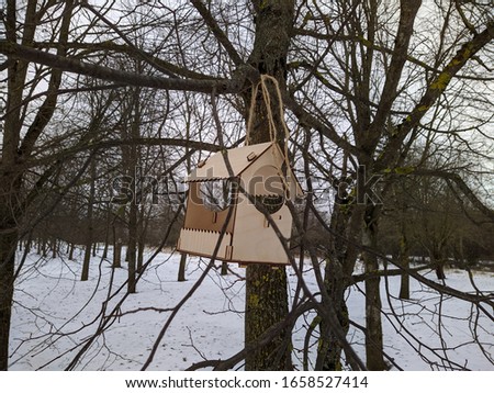 wooden nesting box hanging on a tree in the daytime at winter season