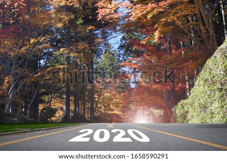 Road to 2020 with autumn season background, new year road trip concept and fall color idea