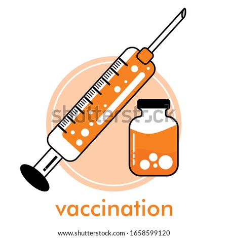 Vaccination concept. Syringe and bottles of vaccine, vector illustration in flat style. Square template for brochure or web banner