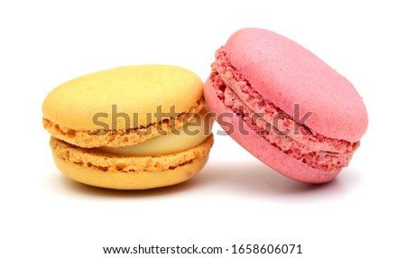 Sweet and colorful french macaroons or macaron on white background, Dessert.