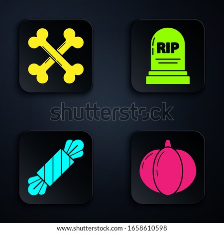 Set Pumpkin , Crossed bones , Candy  and Tombstone with RIP. Black square button. Vector
