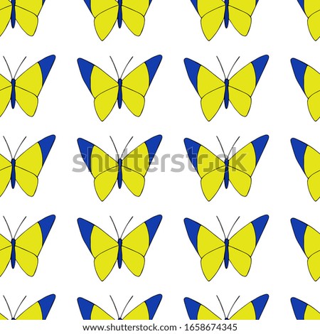 Seamless pattern with beautiful spring butterflies on white background. Yellow-blue insects with large wings. Doodle style. Hand drawing. Pattern for fabric, packaging and wallpaper.