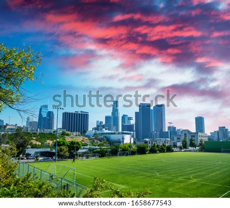 Buildings of Downtown Los Angeles from Vista Hermosa Natural Park, California.