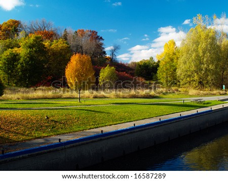 Autumn canal bank with colorful trees