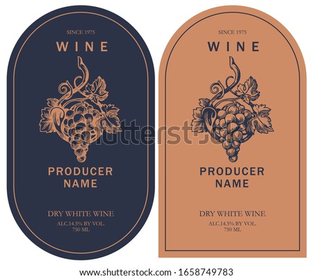 Set of two vector wine labels with hand-drawn bunch of grapes and calligraphic inscription in retro style in black and orange colors. Royalty-Free Stock Photo #1658749783