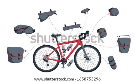 Saddle, frame, handlebar bags on the front and rear trunk for a tourist, touring, gravel bike. Kit on bike packing. Bicycle bottle. Isolated vector illustration