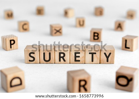 Surety - words from wooden blocks with letters, a person who takes responsibility for another's surety concept, white background Royalty-Free Stock Photo #1658773996