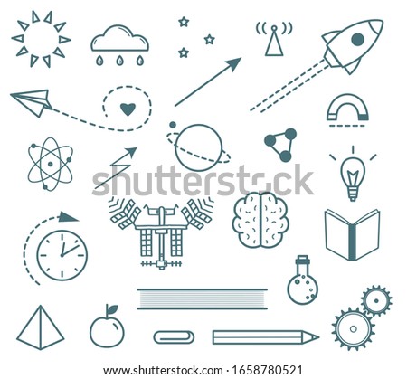 Science outline icons set. Physics, chemistry, astronomy and meteorology monochrome symbols pack. Spaceship, light bulb, rain cloud, space satellite and atom thin line illustrations
