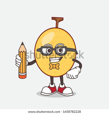A picture of honeydew melon cartoon mascot character holding pencil