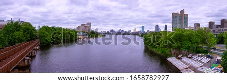 Panoramic Aerial Boston Skyline and Cityscape over Charles River in Boston, Massachusetts