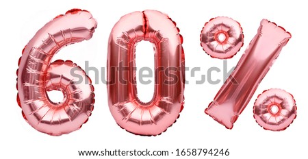 Rose golden sixty percent sign made of inflatable balloons isolated on white.Helium balloons, pink foil numbers. Sale decoration, black friday, discount concept. 60 percent off, advertisement message.