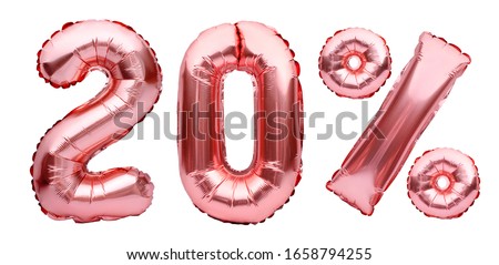 Rose golden twenty percent sign made of inflatable balloons isolated on white.Helium balloons, pink foil numbers. Sale decoration, black friday, discount concept.20 percent off, advertisement message. Royalty-Free Stock Photo #1658794255