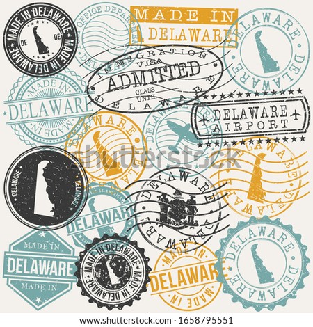 Delaware, USA Set of Stamps. Travel Passport Stamps. Made In Product. Design Seals in Old Style Insignia. Icon Clip Art Vector Collection.