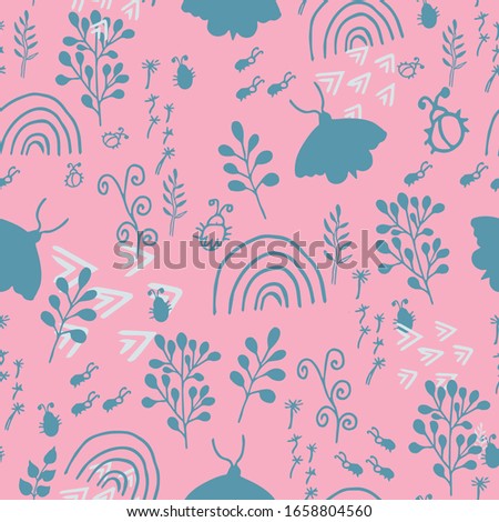 Seamless pattern in doodle style vector design. Graphic Illustration with bug's, flowers, leaves, rainbow on pink background. Trendy fashion elements