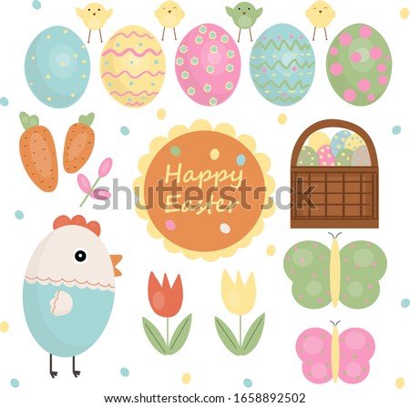 Easter, vector set with cute eggs, chicken and butterflies.