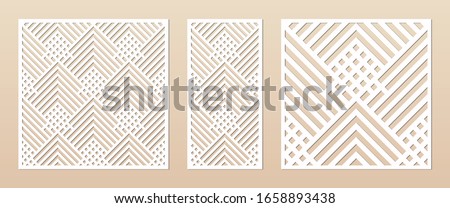 Laser cut panel. Abstract geometric pattern with lines, rhombuses, squares. Elegant decorative template for wood cut, paper card, metal cutting, engraving, fretwork, carving. Aspect ratio 1:1, 1:2 Royalty-Free Stock Photo #1658893438