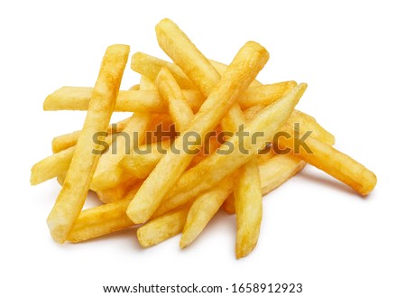 Heap of tasty potato fries, isolated on white background Royalty-Free Stock Photo #1658912923