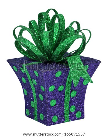 Purple and green whimsical glitter gift box and bow isolated on white