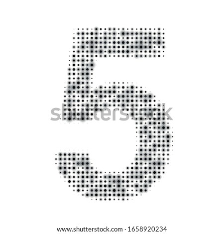 The number 5 is evenly filled with black dots of different sizes. Some dots with shadow. Vector illustration on white background