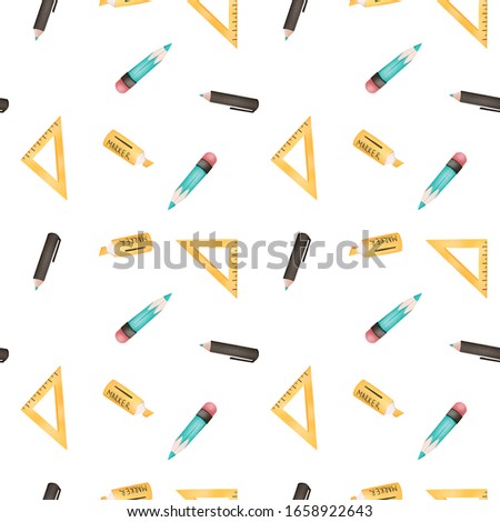 Ruler triangle, pencil, marker digital art seamless pattern on a white background. Print for banners, posters, web, posts, textiles, advertising, paper products, packaging.