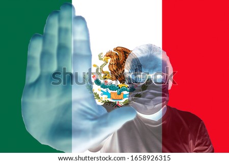 Mexico Coronavirus. Protective mask. Open palm stop gesture. Background the flag of Mexico. Epidemic infection. Critical number or density of susceptible hosts. Epidemic threshold. 