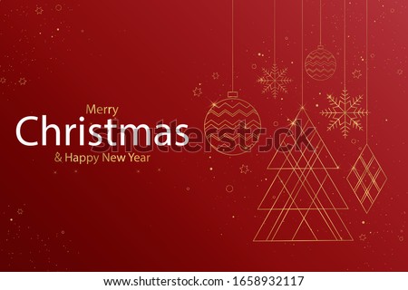 Merry Christmas and Happy New Year web banner illustration of gold luxury xmas pine tree frame with geometric art deco style element for elegant holiday celebration.