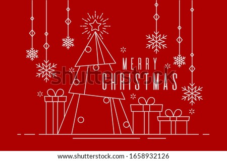 Happy Christmas banner of white color outline style illustration. Festive art decoration design in red background .