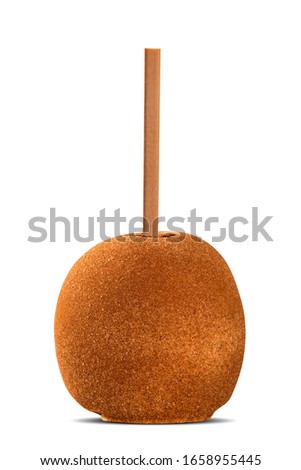 Candied apples on sticks with caramel and cinnamon isolated on white background.