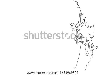 One single line drawing of young active man climbing on cliff mountain holding safety rope vector illustration graphic. Extreme outdoor sport and bouldering concept. Modern continuous line draw design