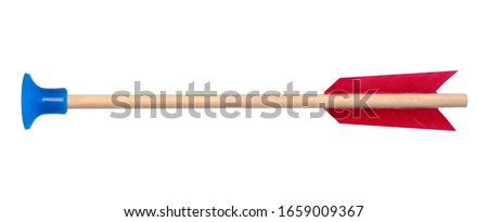 Blue Suction Cup Arrow with Red Feathers Isolated on White. Royalty-Free Stock Photo #1659009367
