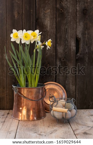 Beautiful Easter picture or Easter background with daffodils and a small nice egg basket filled with eggs.