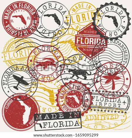 Florida, USA Set of Stamps. Travel Passport Stamps. Made In Product. Design Seals in Old Style Insignia. Icon Clip Art Vector Collection.