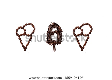Ice cream and ice pop shape made with roasted coffee beans and dried tea leaves placed on white background from the top view can use for your messages