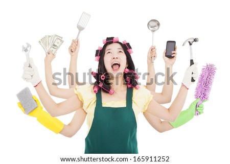 tired and busy woman with multitasking concept Royalty-Free Stock Photo #165911252