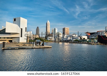 Skyline view of downtown Cleveland Ohio USA looking over the Marina by Lake Erie