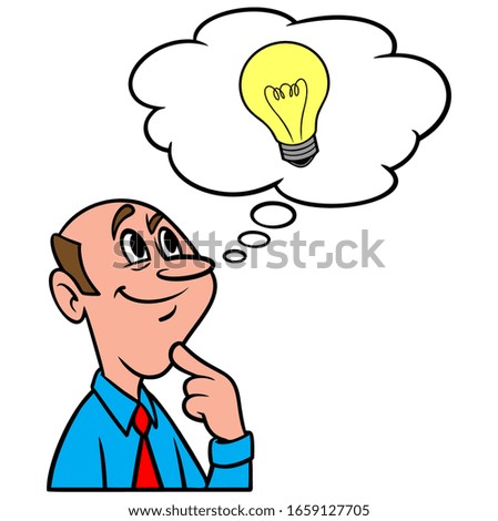 Thinking of an Idea - A cartoon illustration of a man thinking about a new idea.