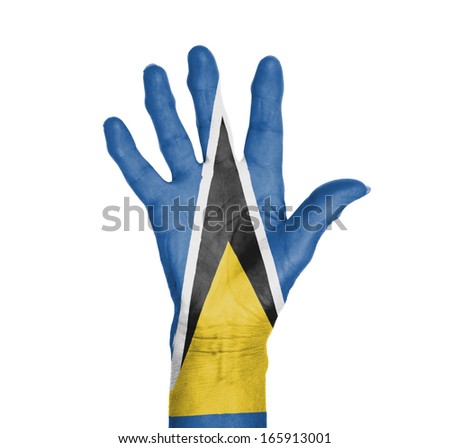 Palm of a woman hand, painted with flag of Saint Lucia