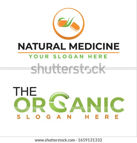 Orange green circle capsule pill leaf symbol icon logo suitable for herbal medicine organic food medical pharmaceutical supplements vitamins