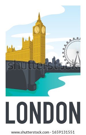 the view of big ben and parliament house with london skyline and london eye in the background as seen from the river thames. Handmade drawing vector illustration. Vintage style poster and sticker. Royalty-Free Stock Photo #1659131551