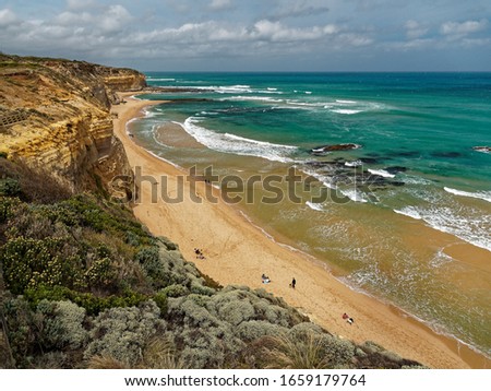 Looking down on the Beach from Gibsons Steps,  Cliffs and Ocean waves . Port Campbell National Park on the Great Ocean Road.  Victoria