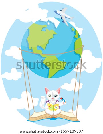 cute little kitty flying with earth air balloon. learning abc book. happy world book day