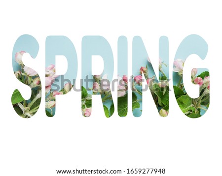 The word "spring" with natural flowers inside the letters, on a white background.
