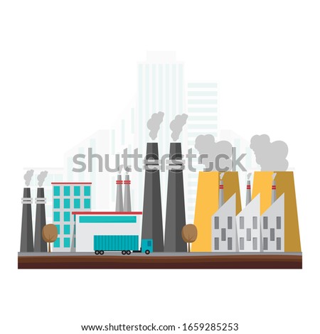 Industrial factory building in flat style. Factory full of pollution. Vector illustration.