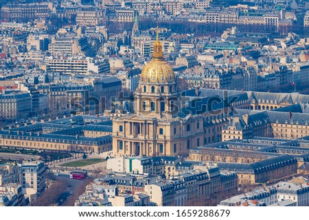 View from top on the cathedral of Les Invalides with Napoleon's tomb in Paris, France