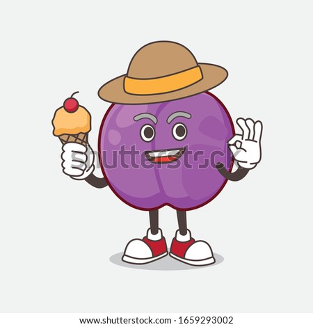 A picture of Plum Fruit cartoon mascot character holding ice cream