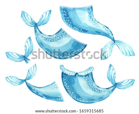 Watercolor nursery fish tail, handpainted mermaid tails on an isolated white background, Hand painted watercolor illustration