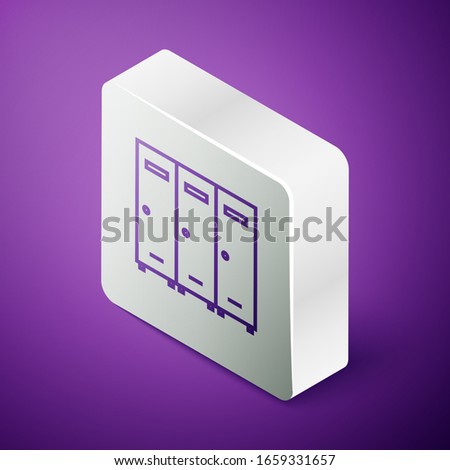 Isometric line Locker or changing room for hockey, football, basketball team or workers icon isolated on purple background. Silver square button. Vector Illustration