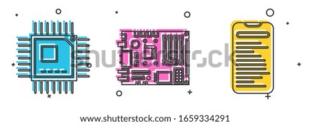 Set Processor with microcircuits CPU, Electronic computer components motherboard digital chip and Computer api interface icon. Vector